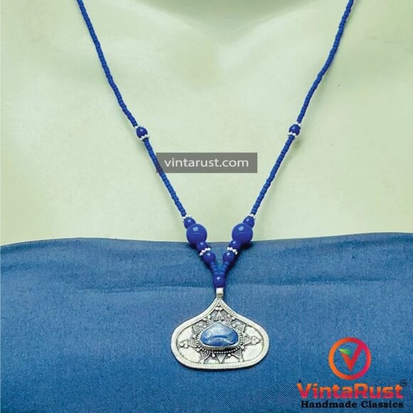 Handmade Minimalist Lapis Necklace, Beaded Chain Necklace, Handcrafted Gemstone - Picture 3 of 11